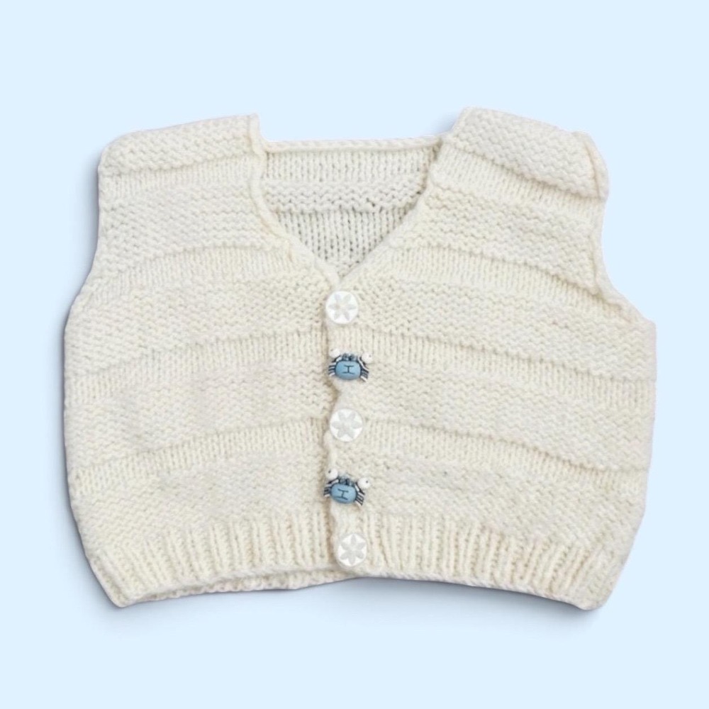 Coastal Cozy Hand Knit Baby Sweater Vest Cardigan with Crab Buttons Est Size 12M
